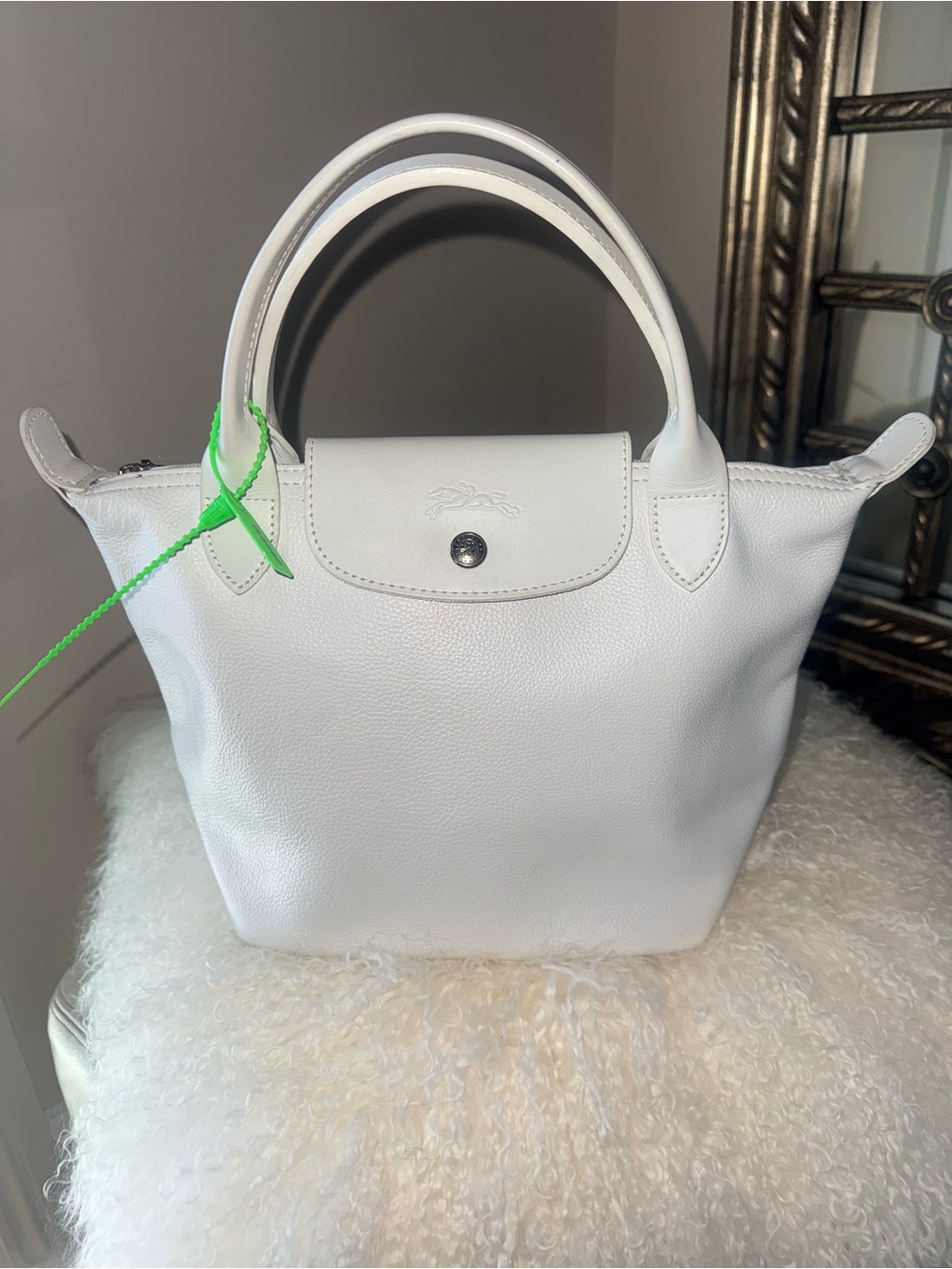 Longchamp Le Pliage White Leather Small Top Handle Tote Handbag Authentic